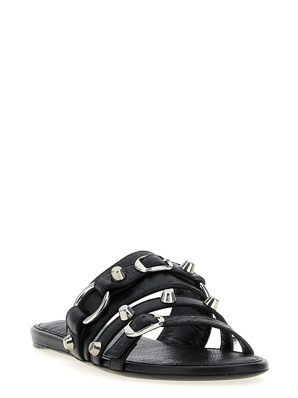 Balenciaga black lamb leather slides with silver metal buckles and studs for stylish casual wear