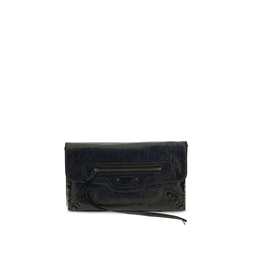 Balenciaga black lamb ovis aries clutch bag en cuir texturé noir avec poche avant zippée et bandoulière ajustable