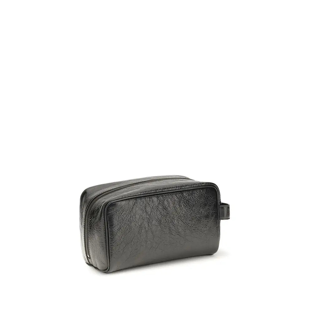 Balenciaga black lamb ovis aries toiletry bag en cuir texturé noir avec fermeture éclair supérieure et poignée latérale