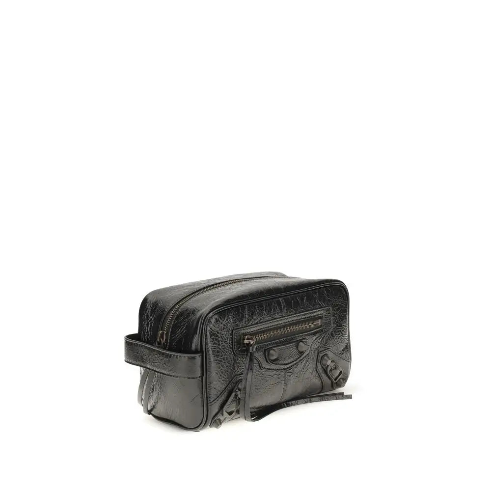 Balenciaga trousse de toilette en cuir noir lamb ovis aries avec surface texturée et multiples fermetures éclair