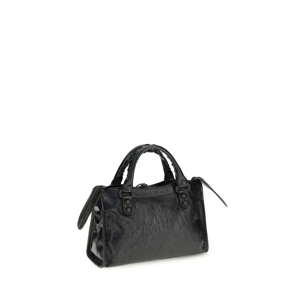 Sac bandoulière balenciaga black lamb ovis aries en cuir texturé brillant noir avec poignées supérieures tressées
