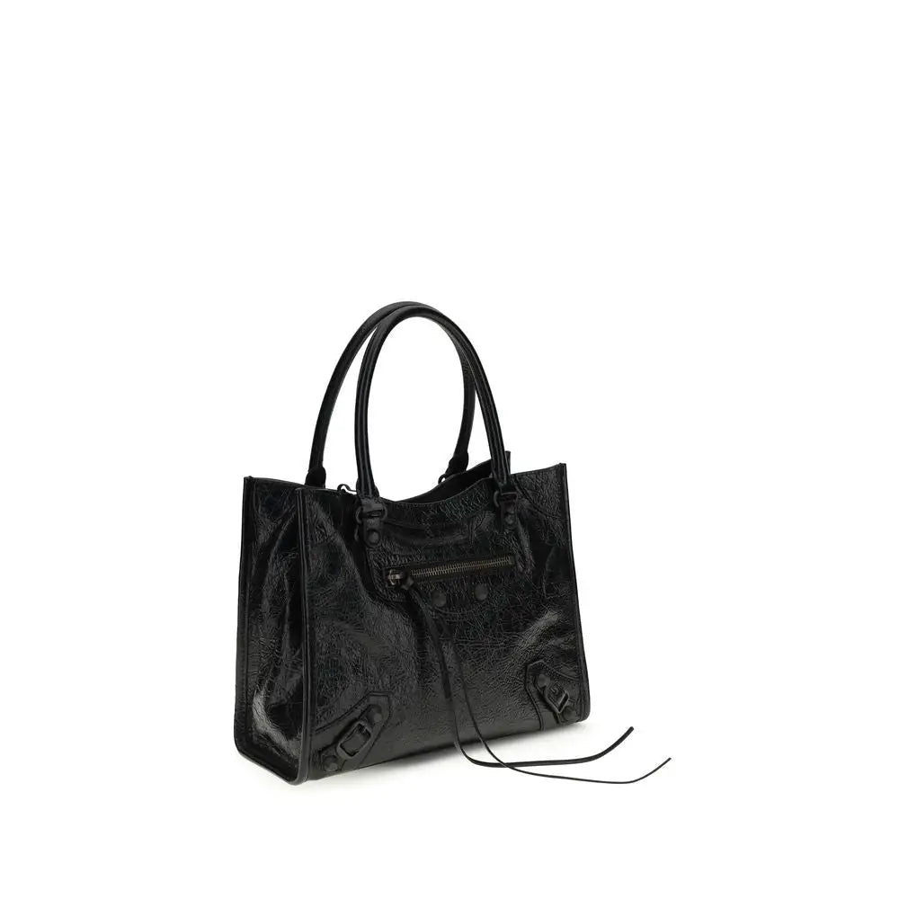 Sac à épaule balenciaga black lamb ovis aries en cuir verni noir avec logo embossé tote city élégante