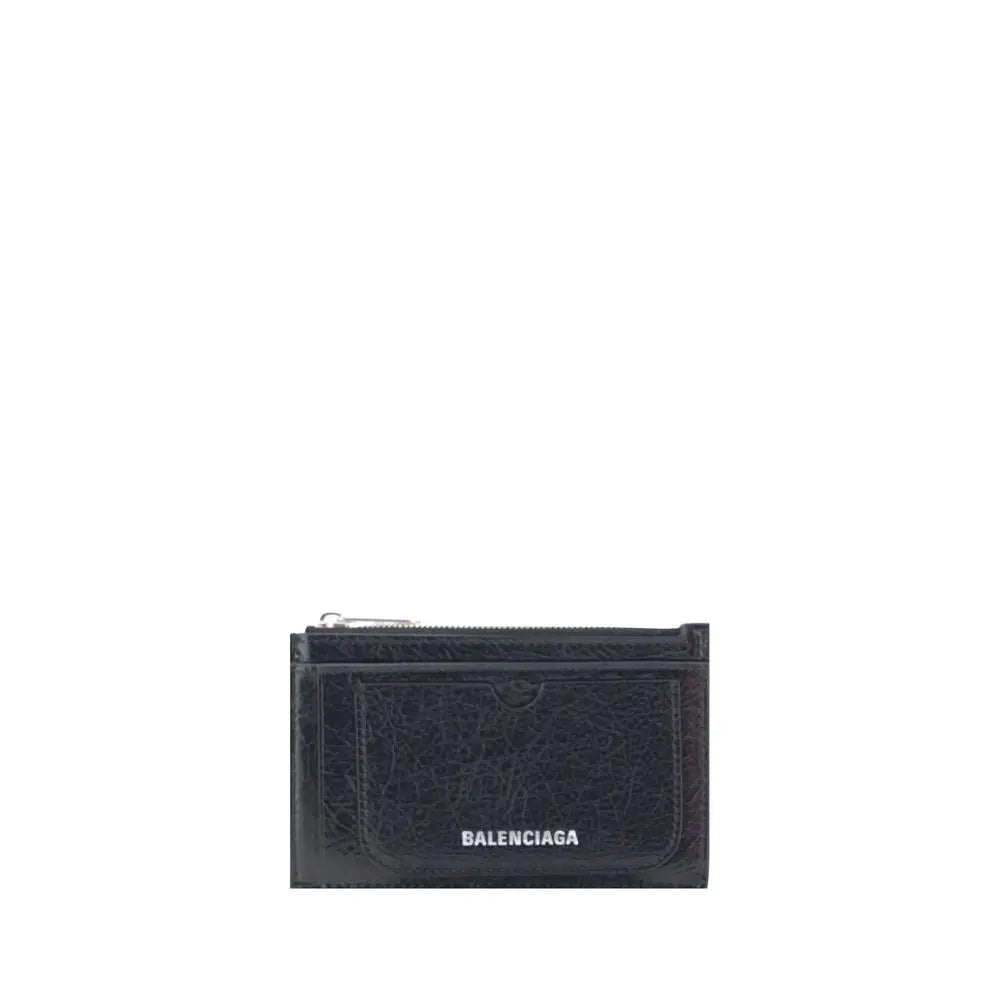 Balenciaga black lamb ovis aries wallet card case with textured surface and silver zipper
