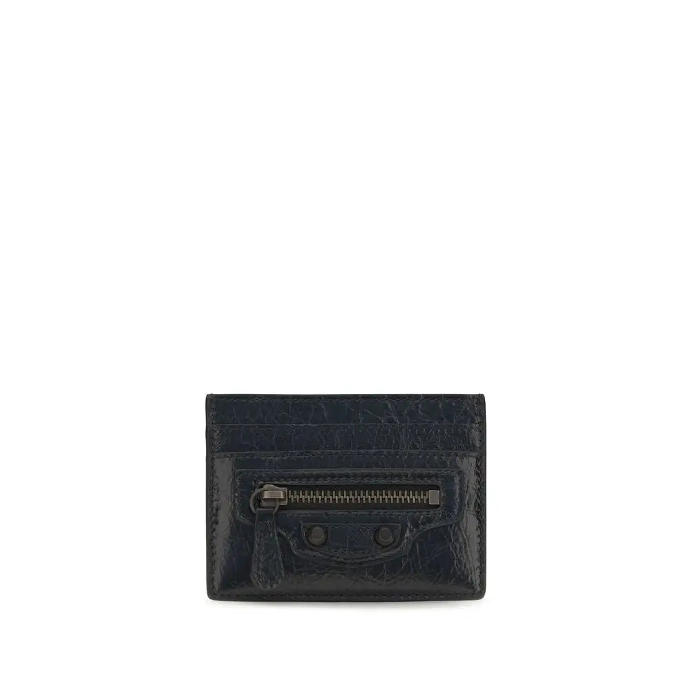 Porte-cartes balenciaga noir en cuir embossé croco avec fermeture éclair centrale et deux clous métalliques