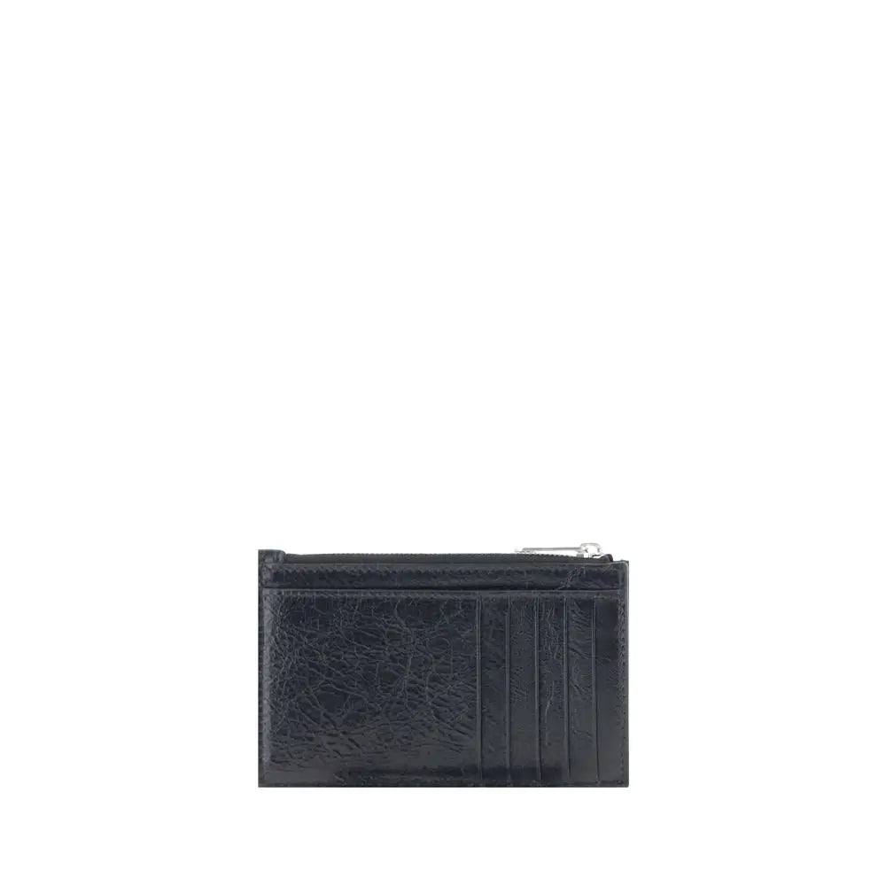 Porte-cartes balenciaga noir en cuir texturé avec fermeture éclair argentée en lamb ovis aries
