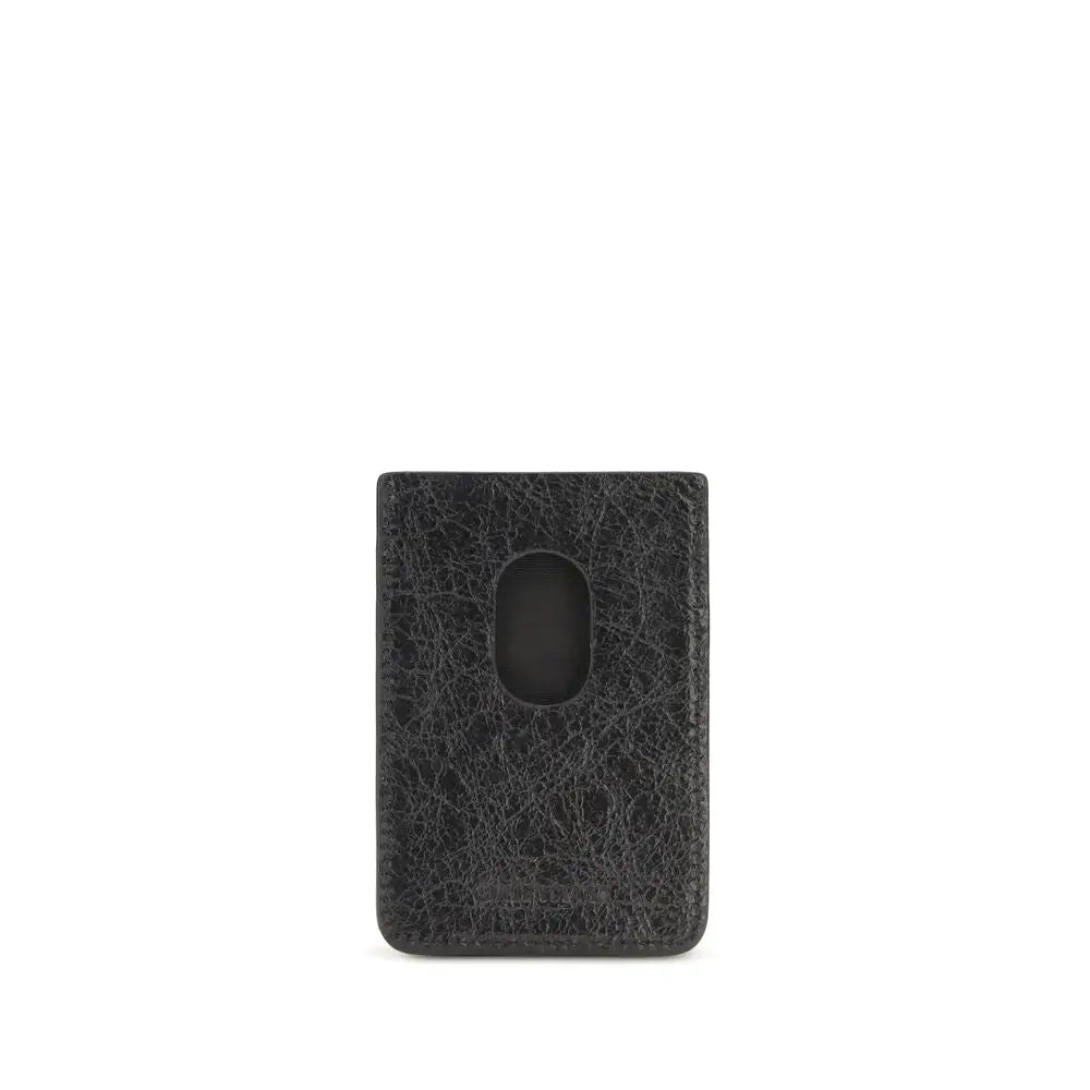 Porte-cartes balenciaga noir en cuir texturé avec une découpe ovale centrale en cuir dagneau ovis aries