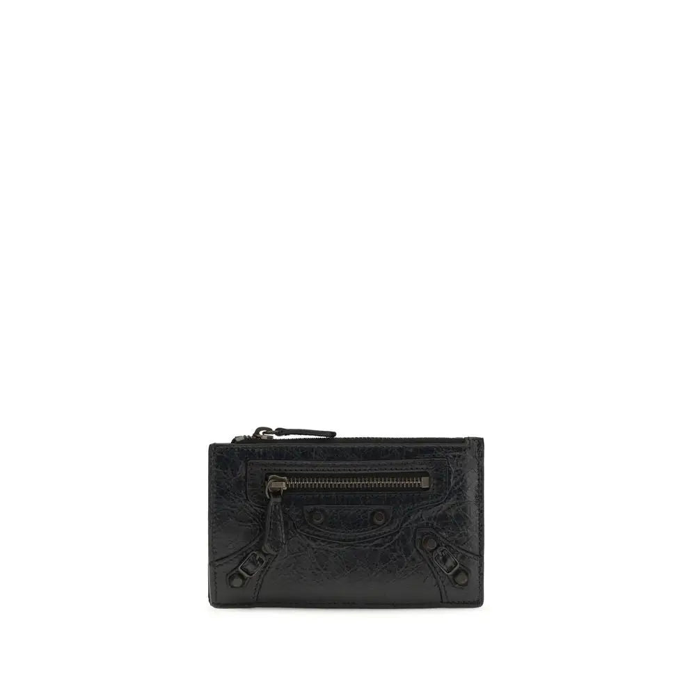 Portefeuille balenciaga noir en cuir agneau avec logo embossé et fermeture éclair