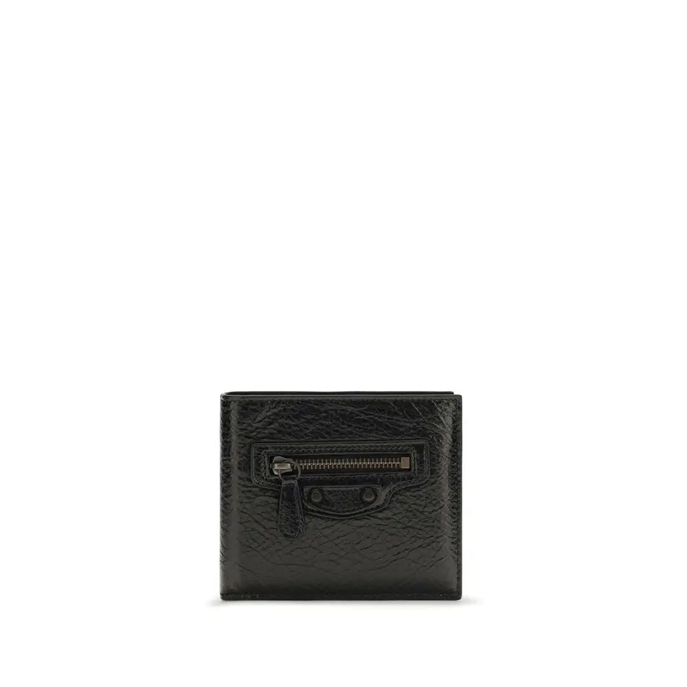 Portefeuille balenciaga noir en cuir texturé avec fermeture éclair centrale et détails métalliques