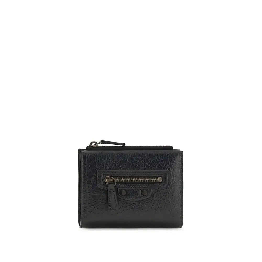 Portefeuille balenciaga noir en cuir dagneau ovis aries avec fermeture éclair centrale et deux clous ronds