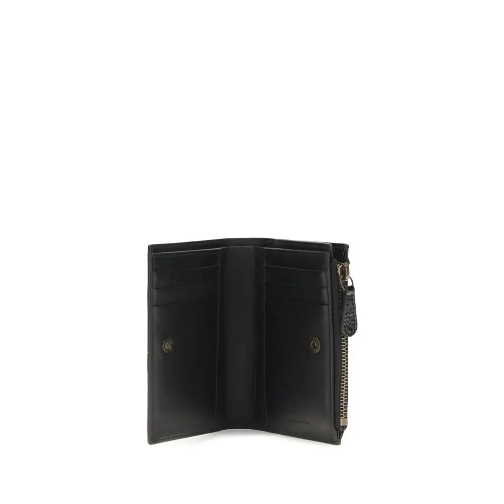 Portefeuille balenciaga noir en cuir dagneau tri-fold avec fermeture éclair et fermoir métallique
