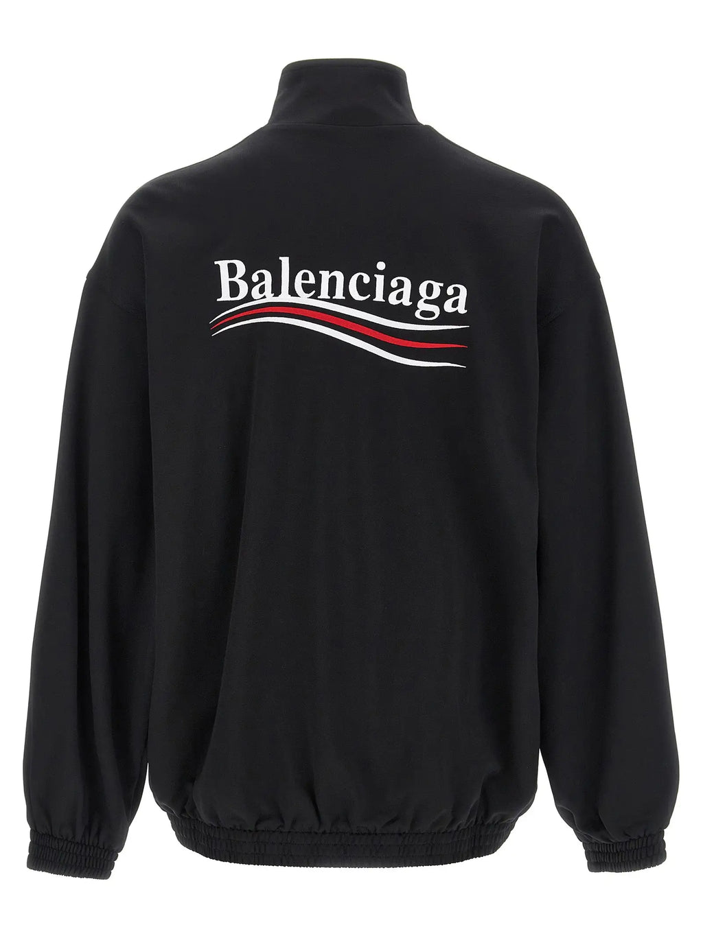 Veste balenciaga noire en polyamide avec logo blanc et rayures ondulées rouges et blanches au dos