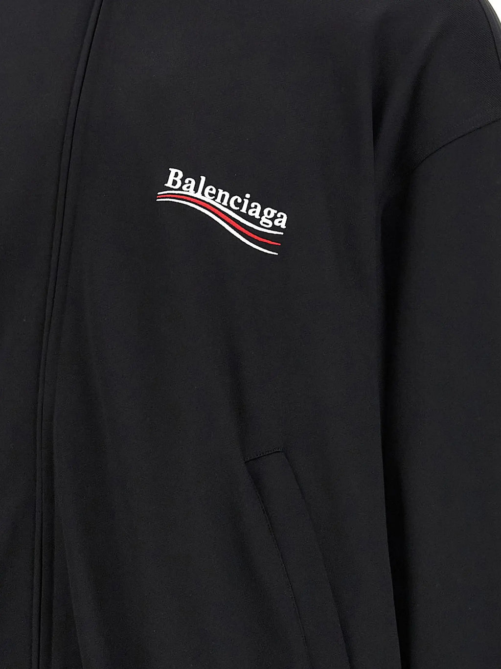 Sweatshirt balenciaga noir en polyamide avec logo brodé blanc et bandes ondulées rouges et blanches au dos