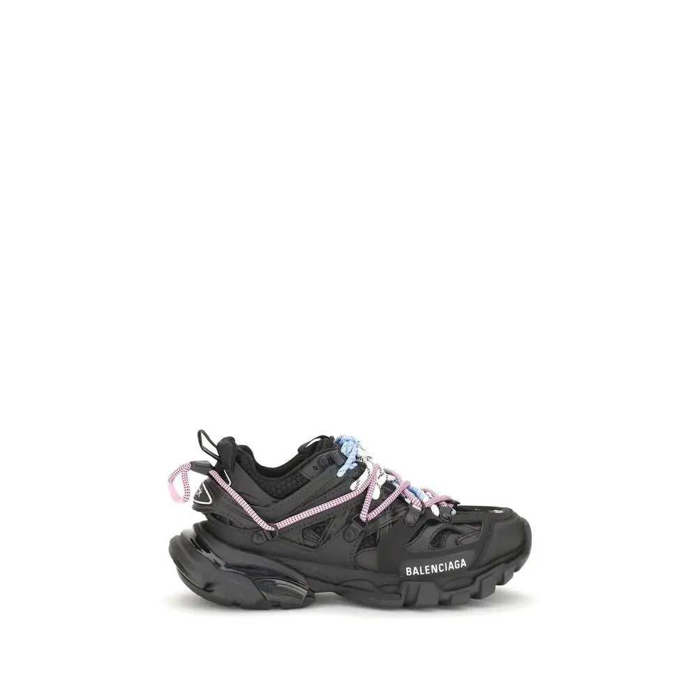 Balenciaga black polyester athletic sneakers with chunky rubber sole and contrasting pink and blue laces