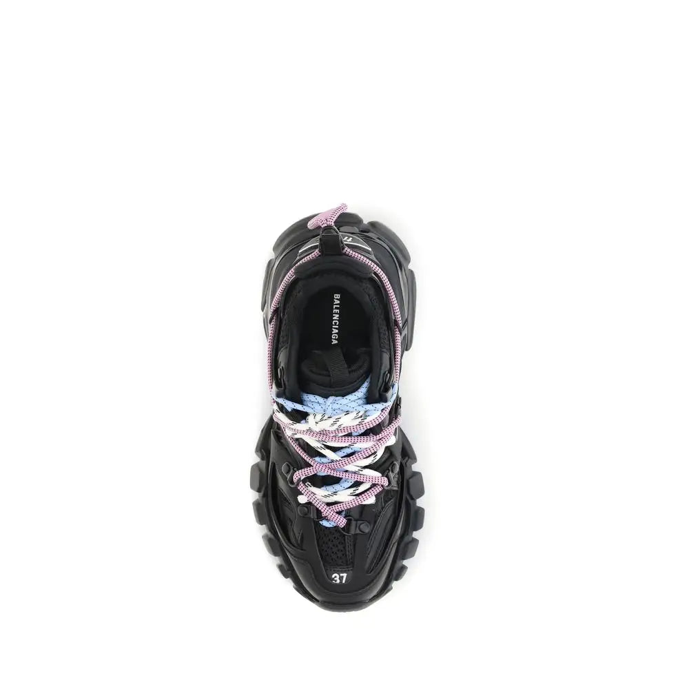 Balenciaga black polyester athletic sneakers with chunky rubber sole mesh and synthetic upper and pink blue laces