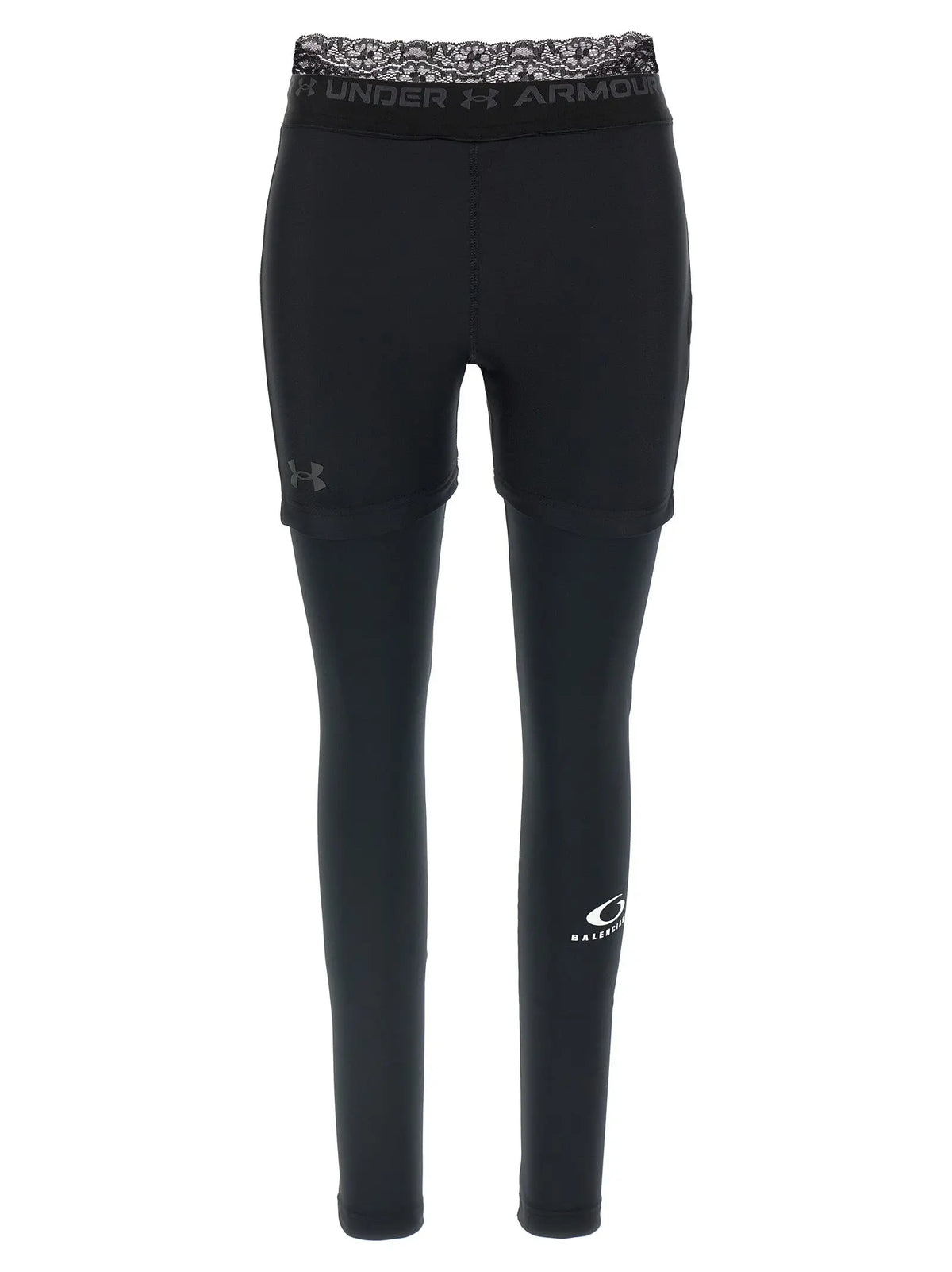 Legging balenciaga noir en polyester avec taille en dentelle et logos discrets under armour