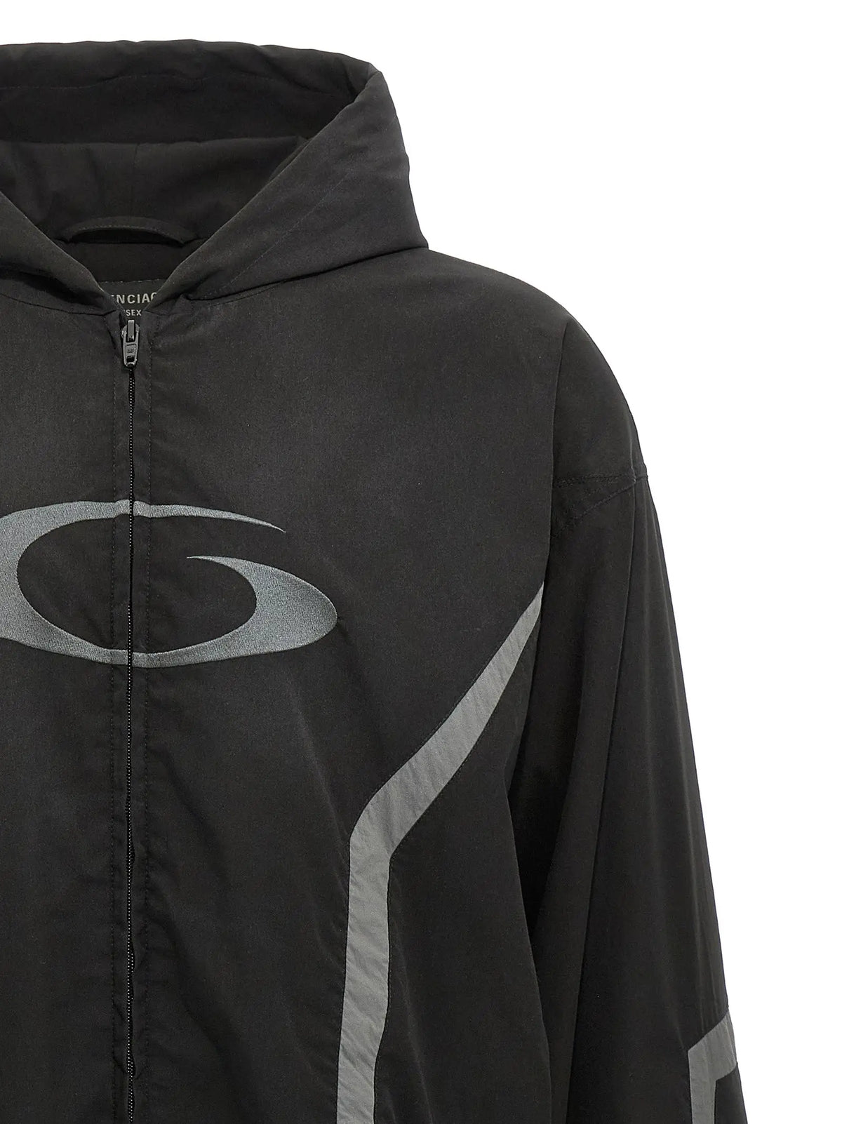 Veste balenciaga noire en polyester avec capuche logo argenté réfléchissant et bandes assorties