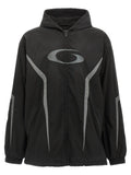 Balenciaga veste noire à capuche en polyester avec fermeture éclair rayures réfléchissantes argentées et logo circulaire poitrine