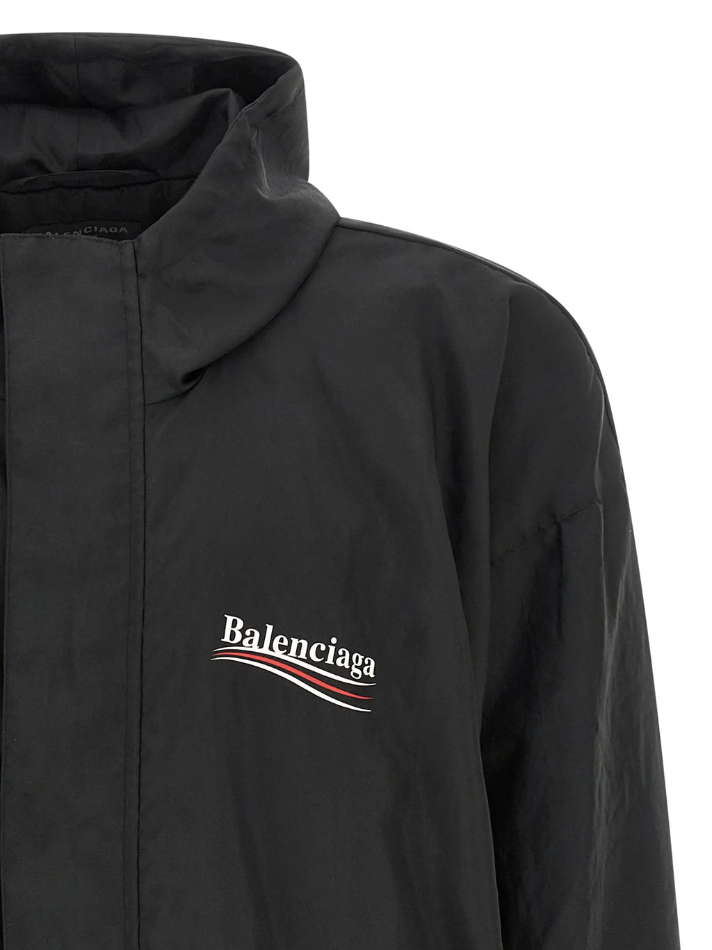 Veste balenciaga noire en polyester avec logo brodé discret en lettres blanches et lignes ondulées rouge et blanc