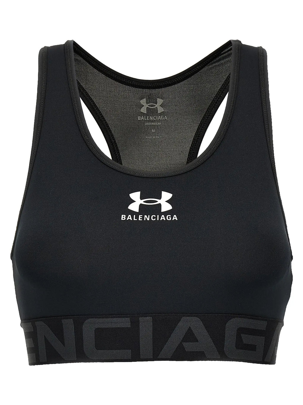 Soutien-gorge de sport balenciaga noir en polyester avec logo blanc under armour et lettrage gris sur la bande