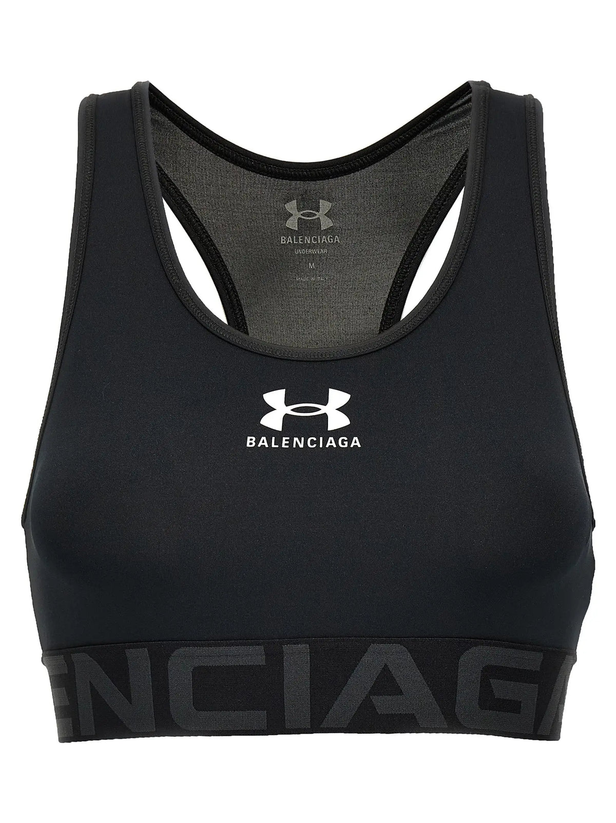 Soutien-gorge de sport balenciaga noir en polyester avec logo blanc under armour et lettrage gris sur la bande