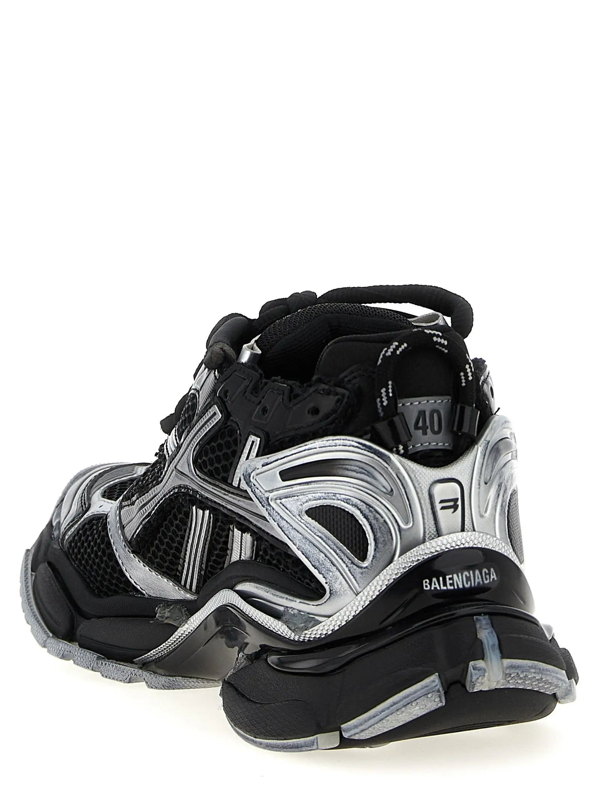 Balenciaga black polyethylene athletic sneakers with black and silver chunky layered mesh and metallic accents