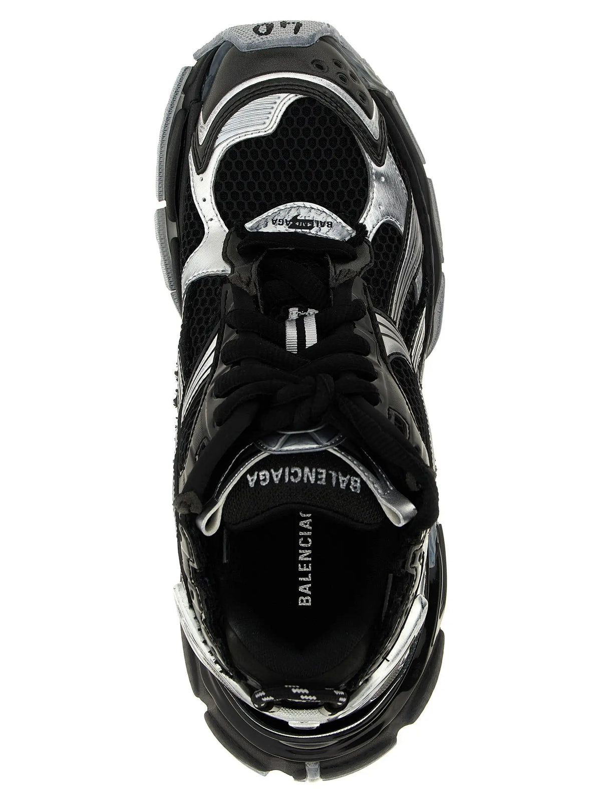 Balenciaga black polyethylene athletic sneakers featuring black and silver triple s design with mesh panels and glossy rubber accents