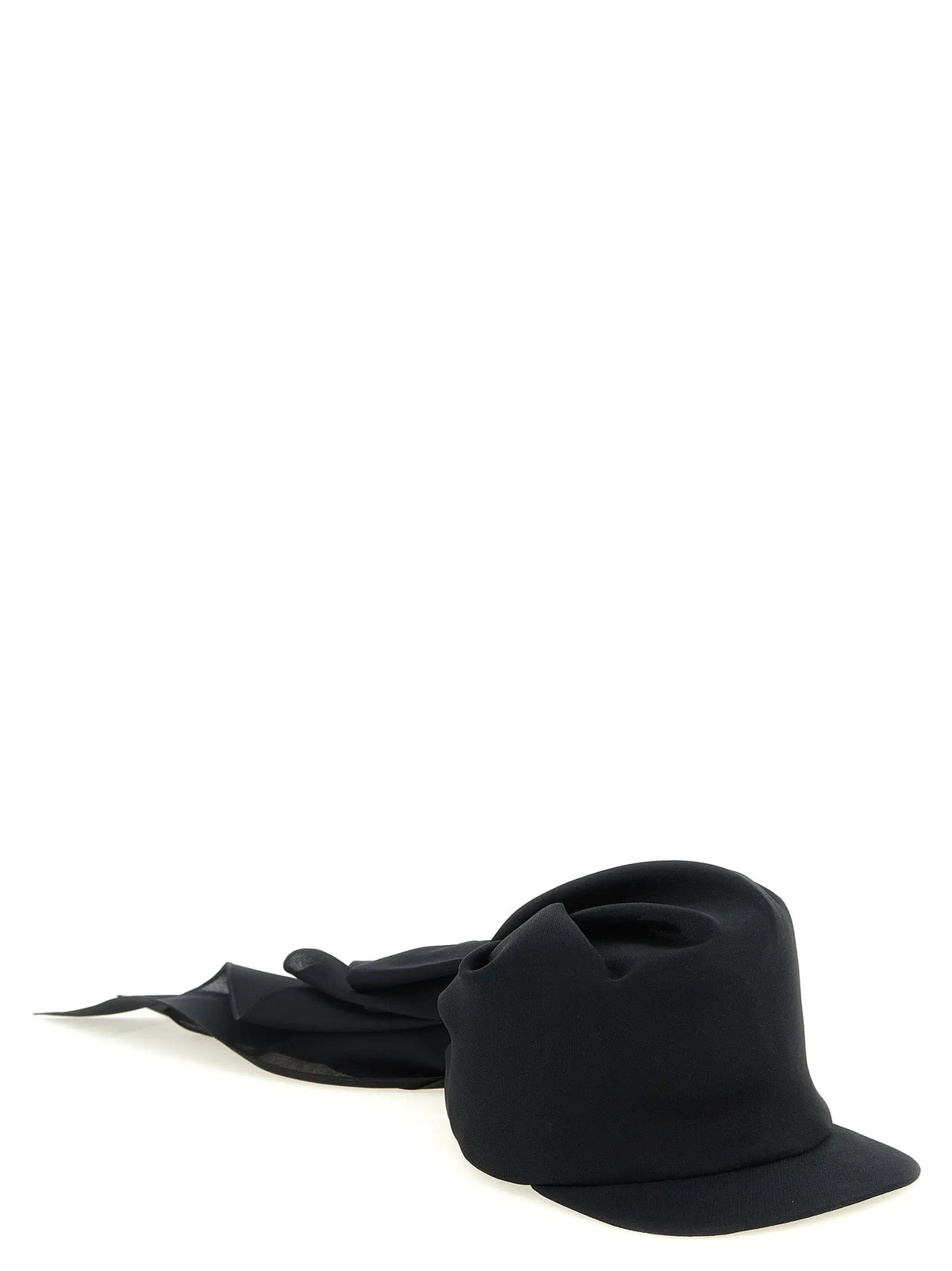 Balenciaga black silk cap baseball hat with black fedora and flowing silk scarf tied around its crown