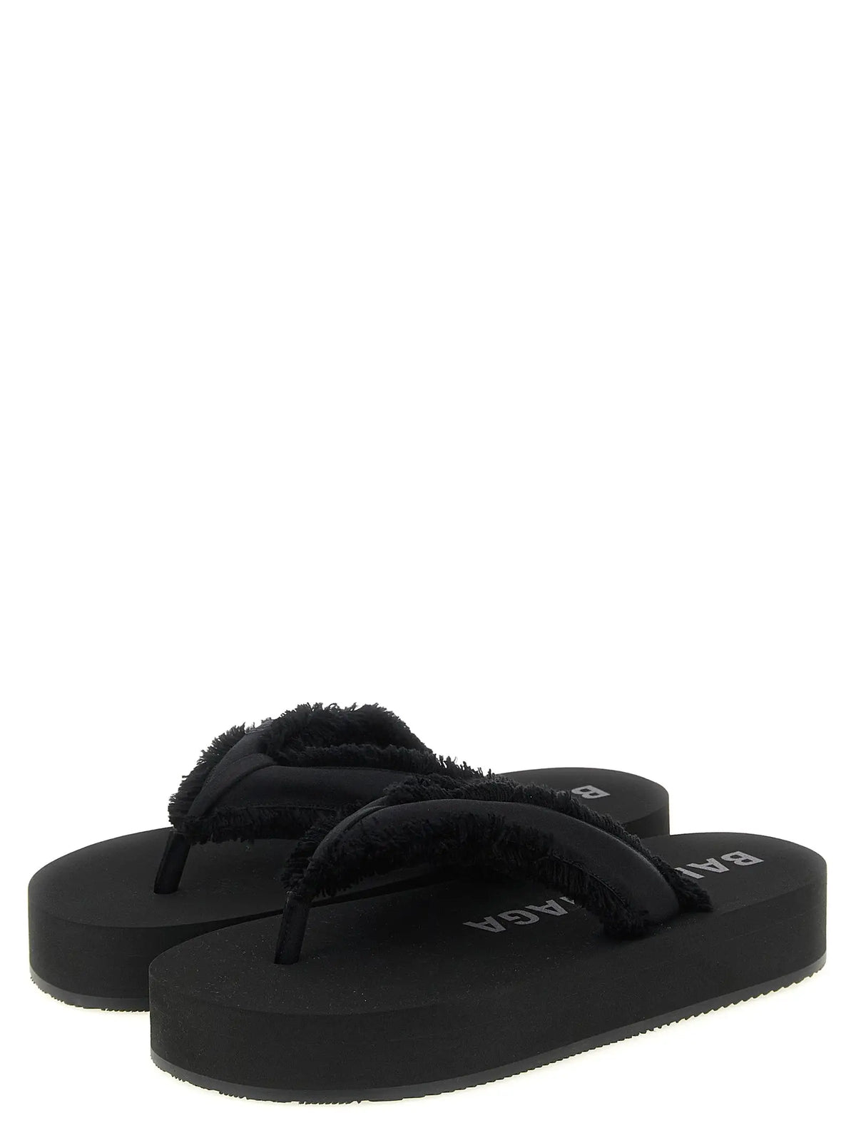 Balenciaga black viscose slides with fuzzy textured straps and embossed logo on black platform flip-flops soles
