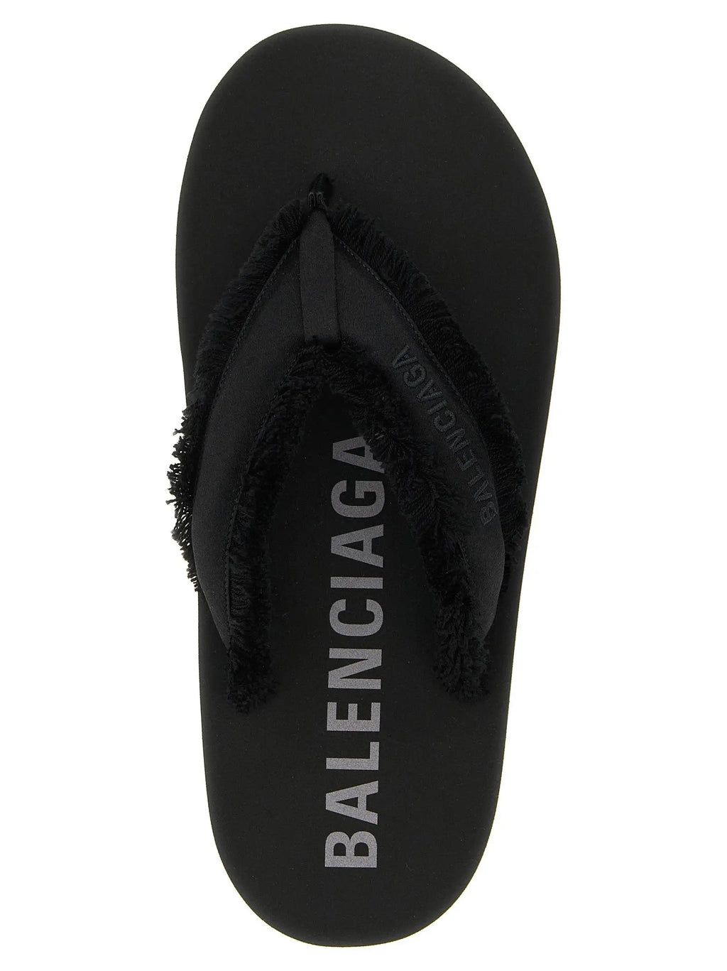 Balenciaga black viscose slides with black flip-flop design and frayed strap details embossed with branding