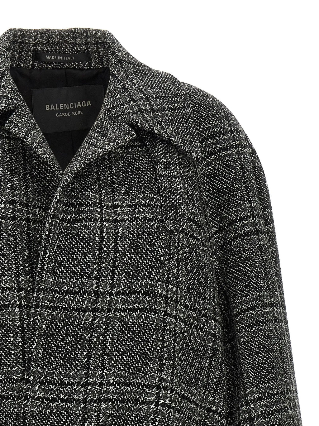 Manteau balenciaga en laine noire à chevrons blanc et noir texturé style garde-robe