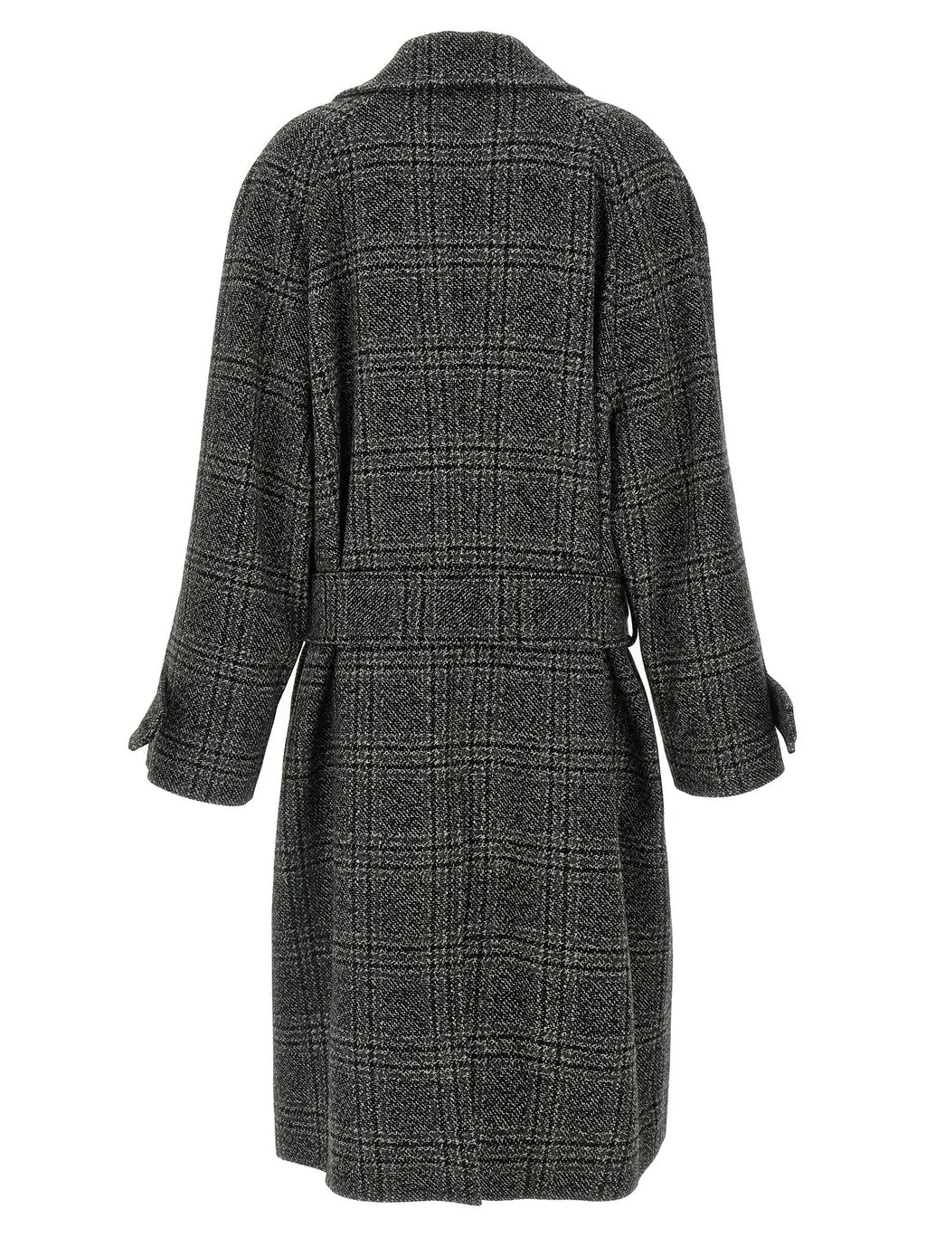 Manteau en laine balenciaga noir à carreaux gris foncé avec taille ceinturée pour un style élégant