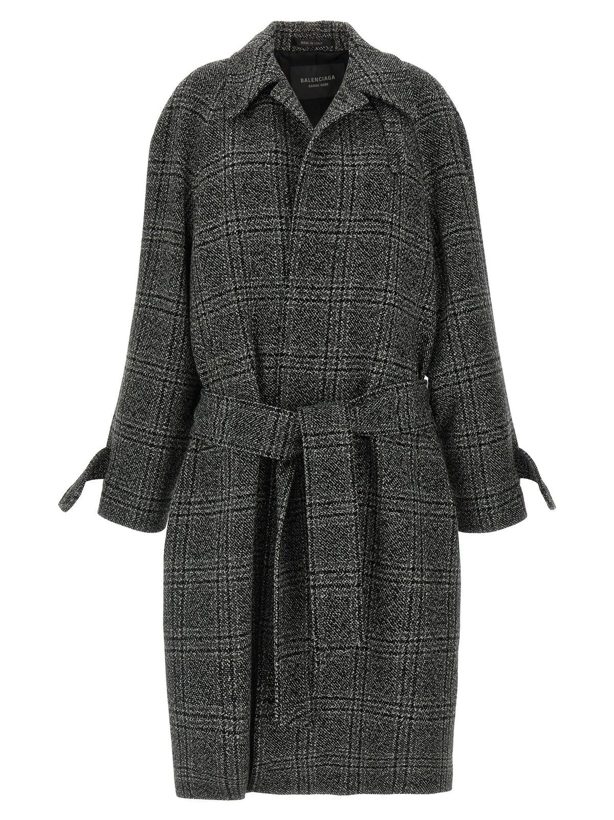 Manteau en laine noir et gris à carreaux balenciaga avec ceinture pour femme