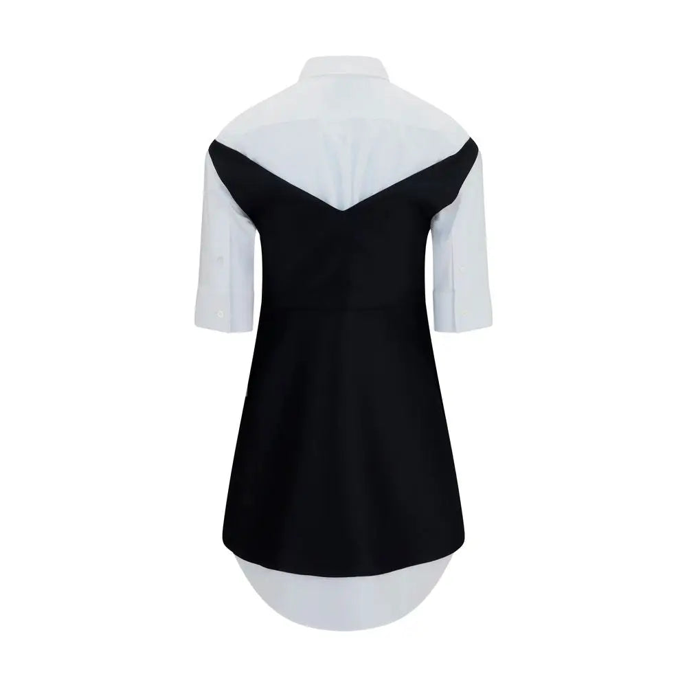 Robe chemise bicolore noire et blanche en laine balenciaga à col en v manches trois quarts et jupe évasée