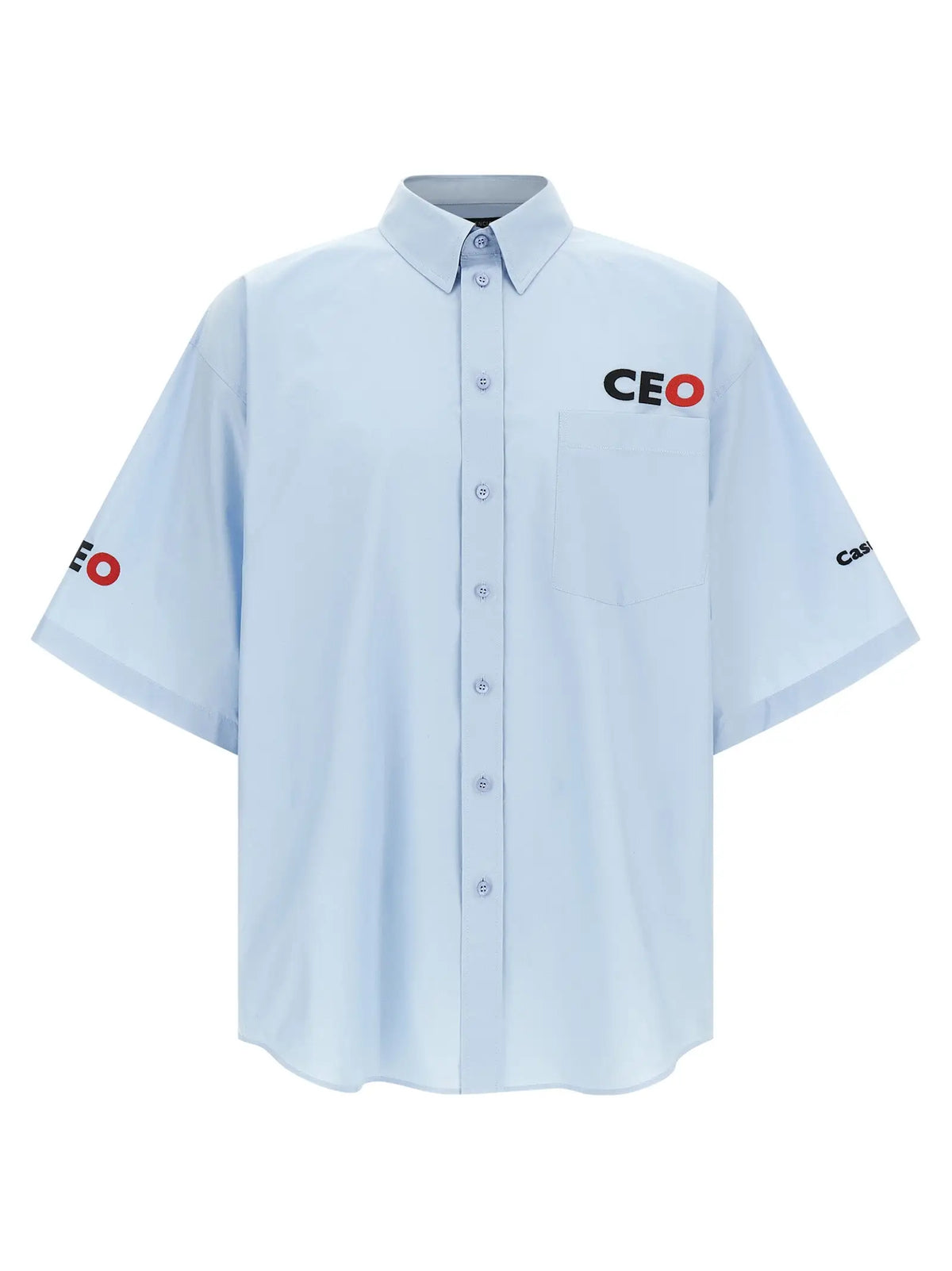 Chemise bleue balenciaga en coton à manches courtes avec logo ceo noir et rouge sur la poitrine et la manche