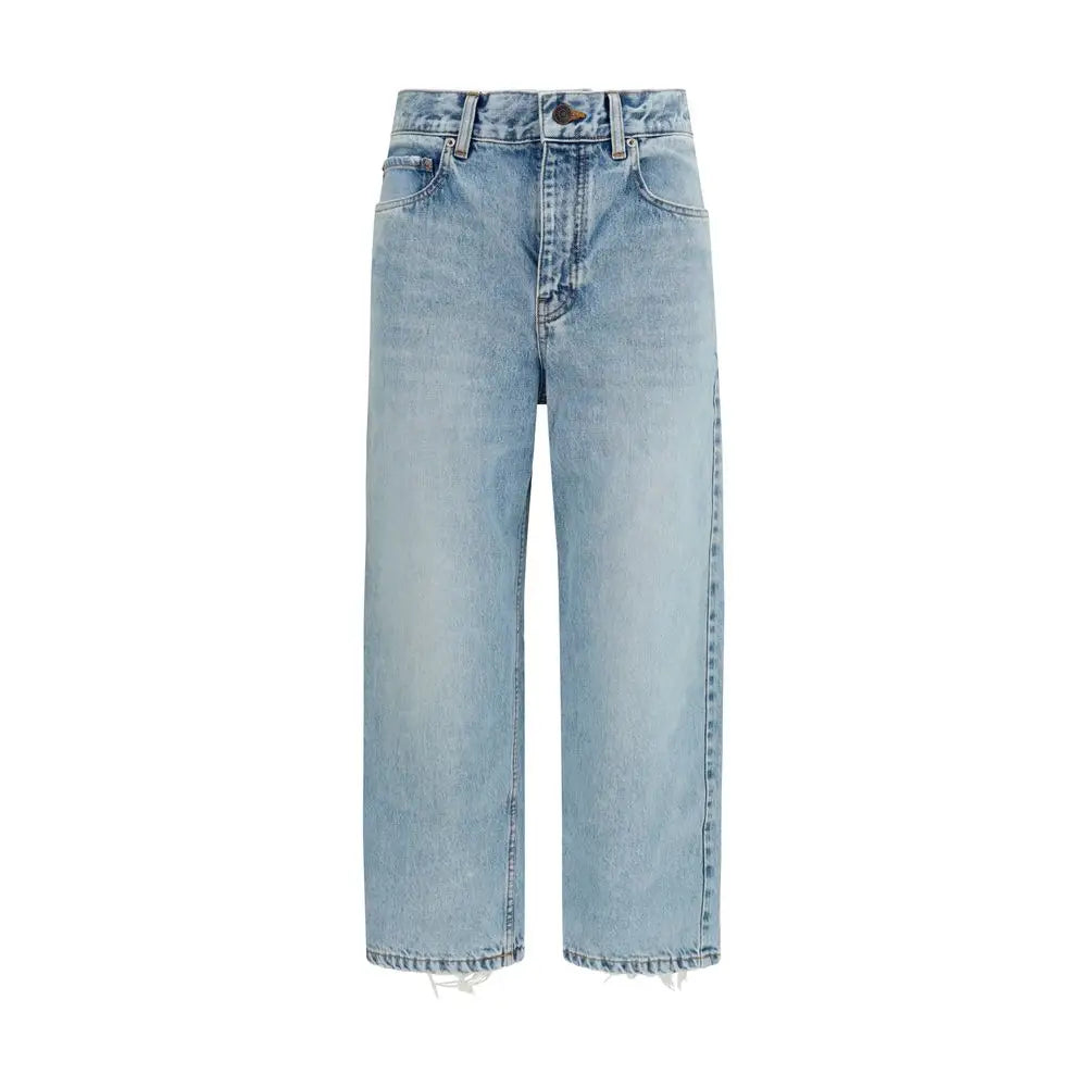 Jean cropped balenciaga bleu en coton clair avec taille haute, coupe large et ourlets effilochés