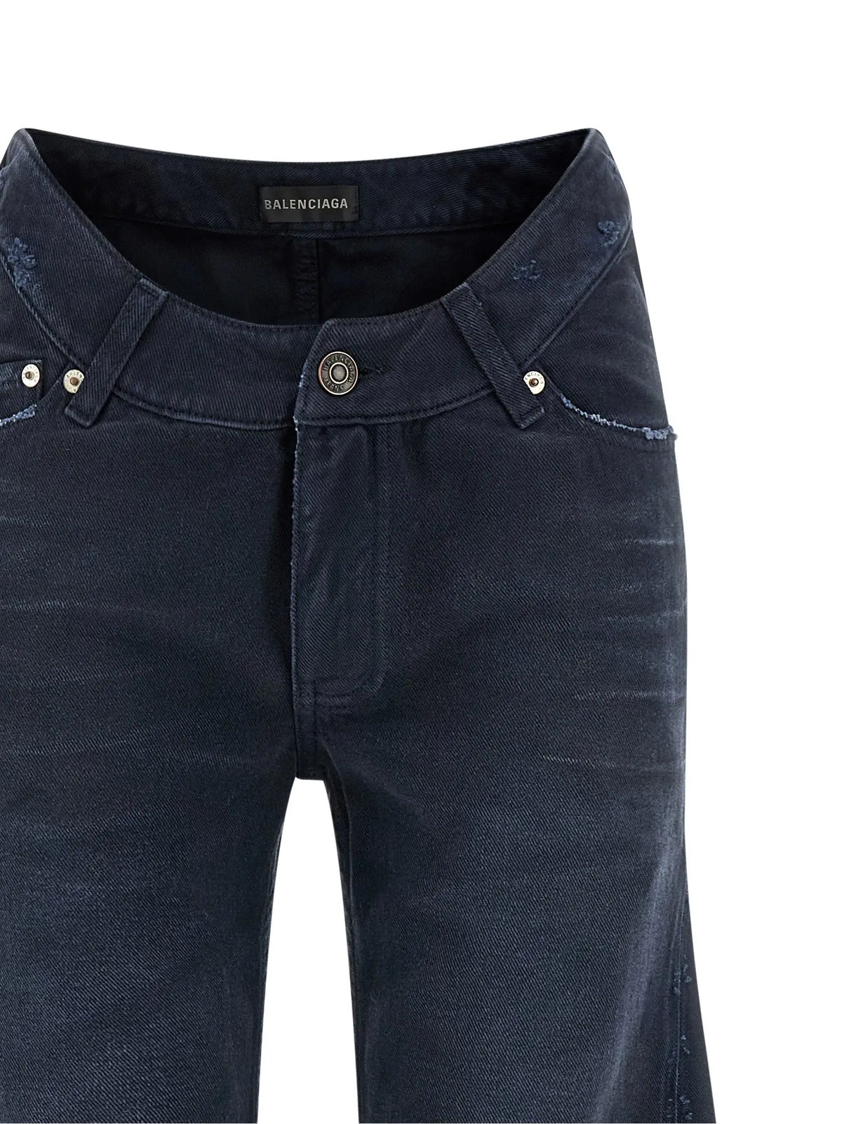 Jeans flare en coton bleu balenciaga en denim bleu foncé avec effet délavé usé et détails effilochés subtils sur les coutures