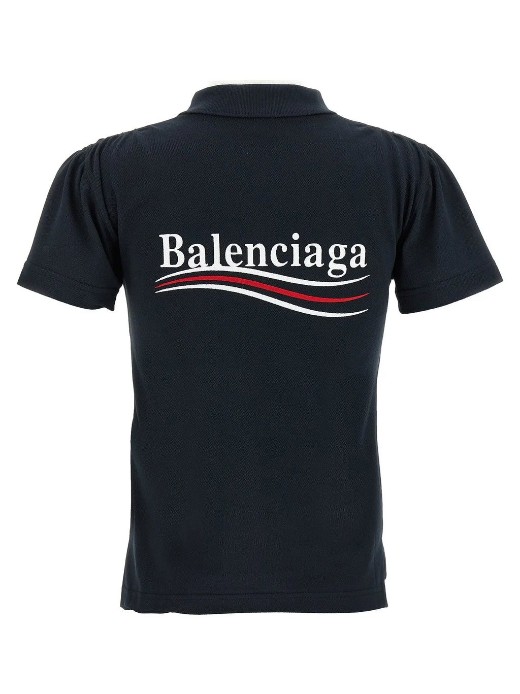 Polo balenciaga en coton bleu vue de dos noir avec logo blanc et rouge sur le dos