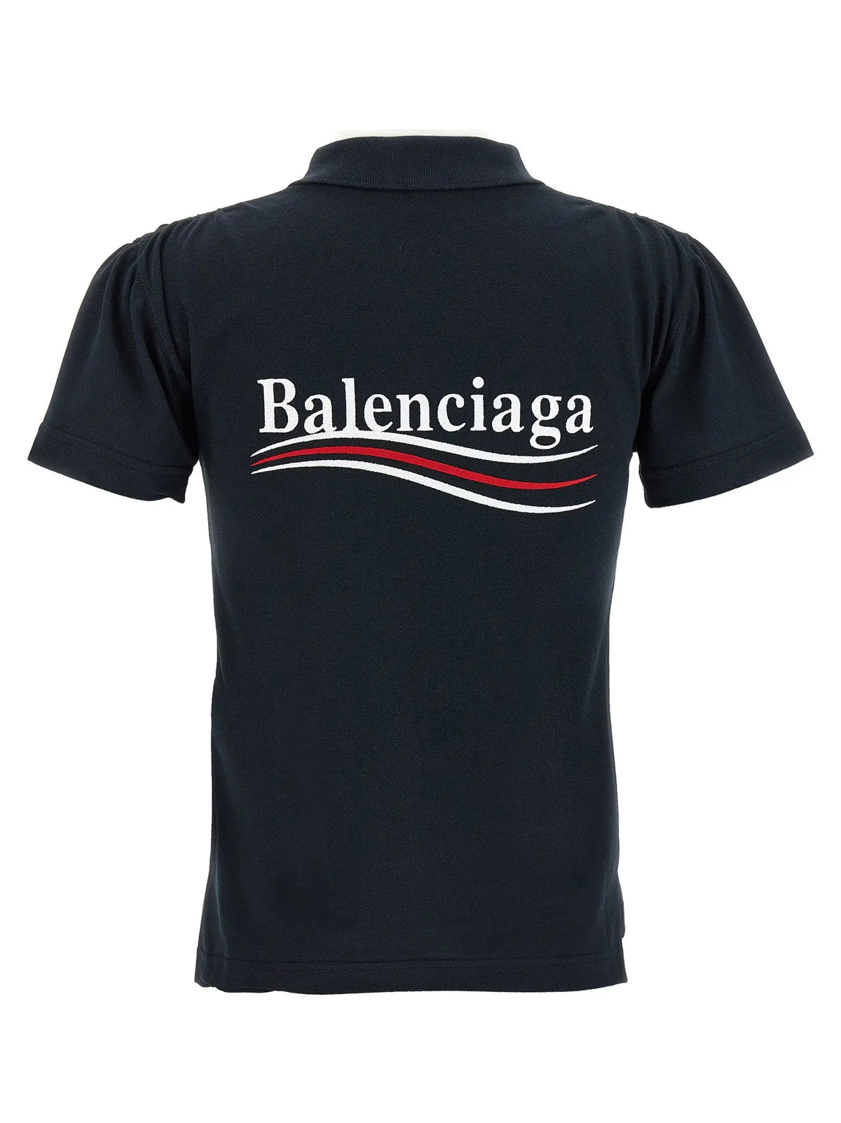Polo balenciaga en coton bleu vue de dos noir avec logo blanc et rouge sur le dos