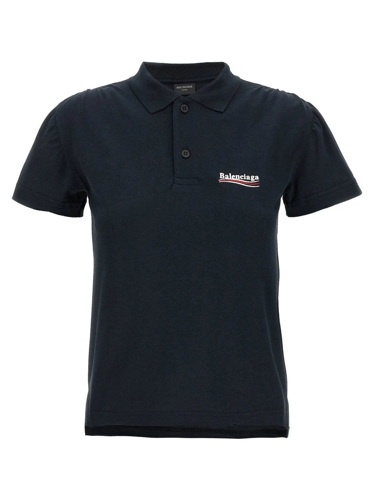 Polo balenciaga bleu en coton avec texture subtile et logo brodé sur la poitrine gauche