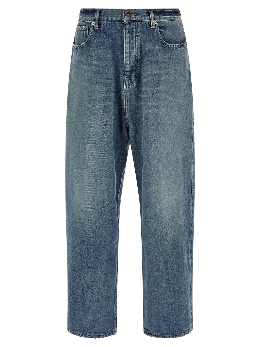Jean balenciaga bleu en coton coupe décontractée taille haute jambe droite avec délavage moyen et détails subtils