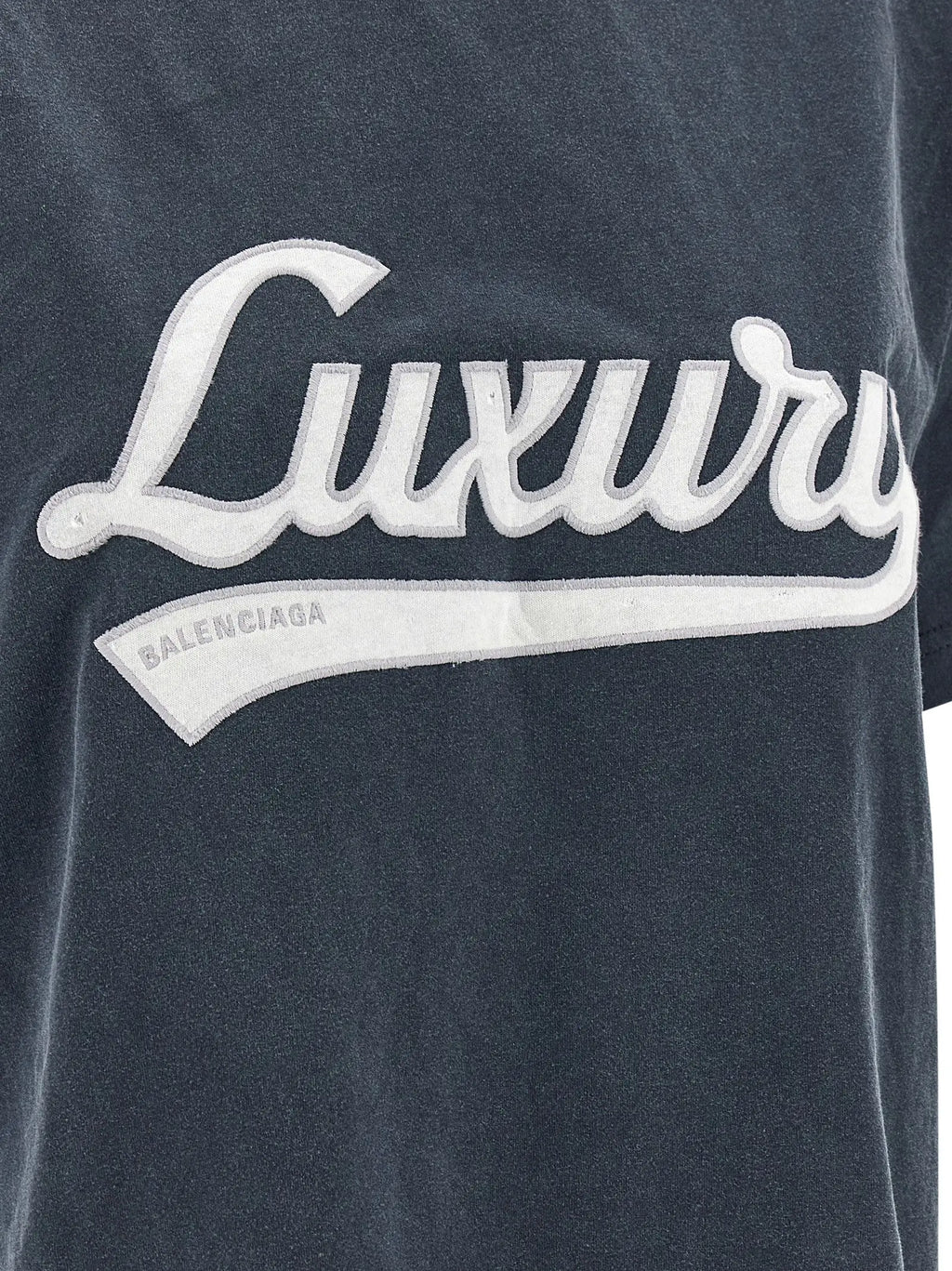T-shirt balenciaga bleu coton sportswear gris foncé avec logo brodé blanc luxury et bannière incurvée