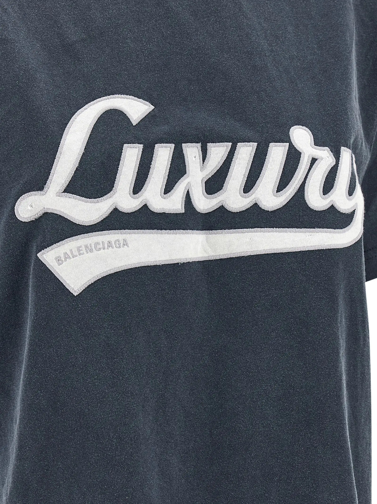 T-shirt balenciaga bleu coton sportswear gris foncé avec logo brodé blanc luxury et bannière incurvée