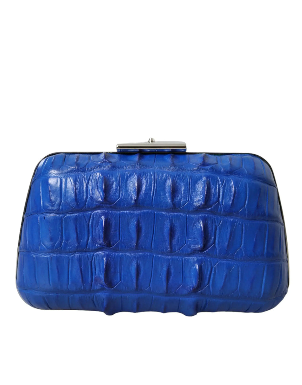 Clutch balenciaga bleu royal vibrant en cuir embossé crocodile avec fermoir argenté élégant