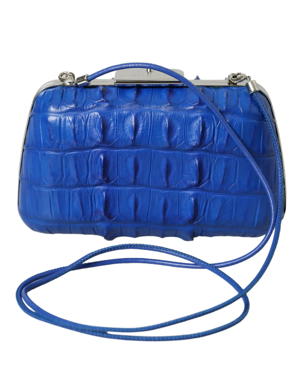 Clutch bandoulière balenciaga bleu roi en cuir embossé crocodile avec fermoir métal argenté et bandoulière assortie