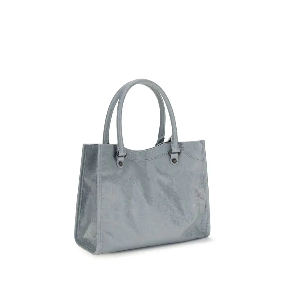 Sac bandoulière balenciaga blue lamb ovis aries en cuir verni gris clair avec poignées structurées et fermetures minimalistes