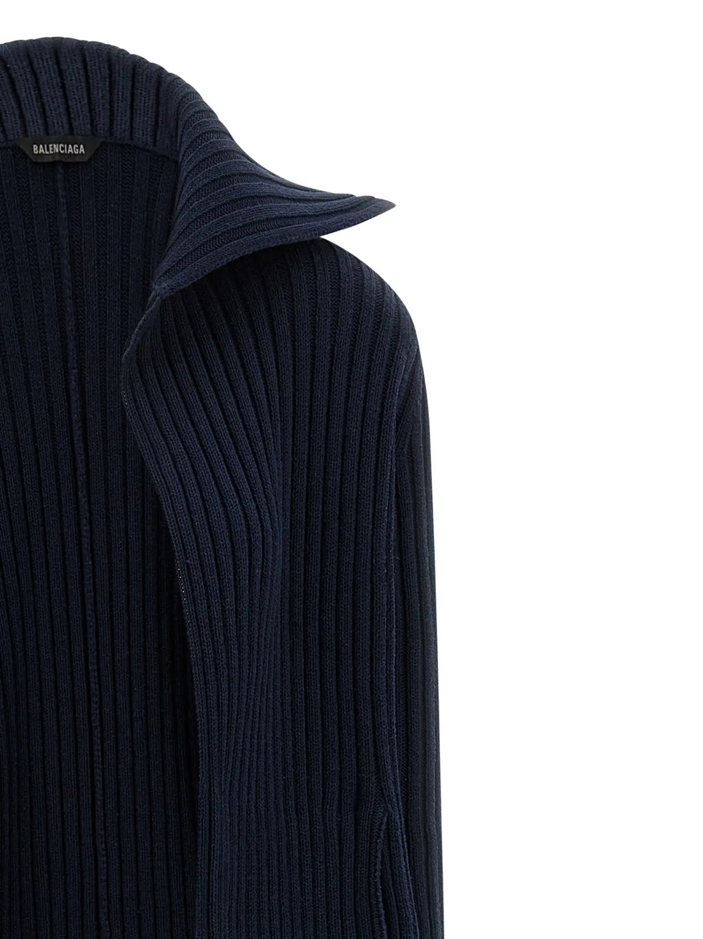 Cardigan balenciaga bleu en polyester avec col structuré et tissu côtelé bleu marine affichant l’étiquette balenciaga