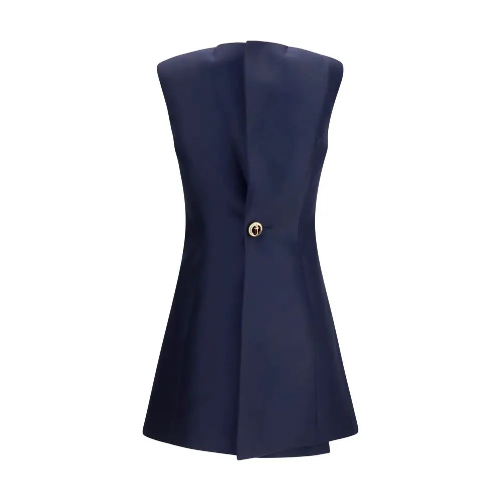 Gilet sans manches bleu marine en laine balenciaga avec fermeture centrale dorée et silhouette évasée structurée