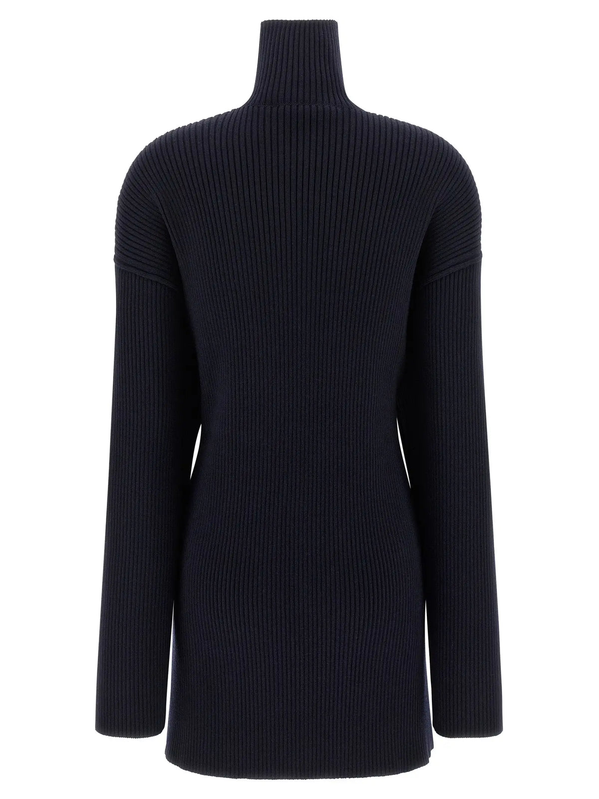 Pull col roulé noir en maille côtelée à manches longues avec robe courte bleue en laine balenciaga