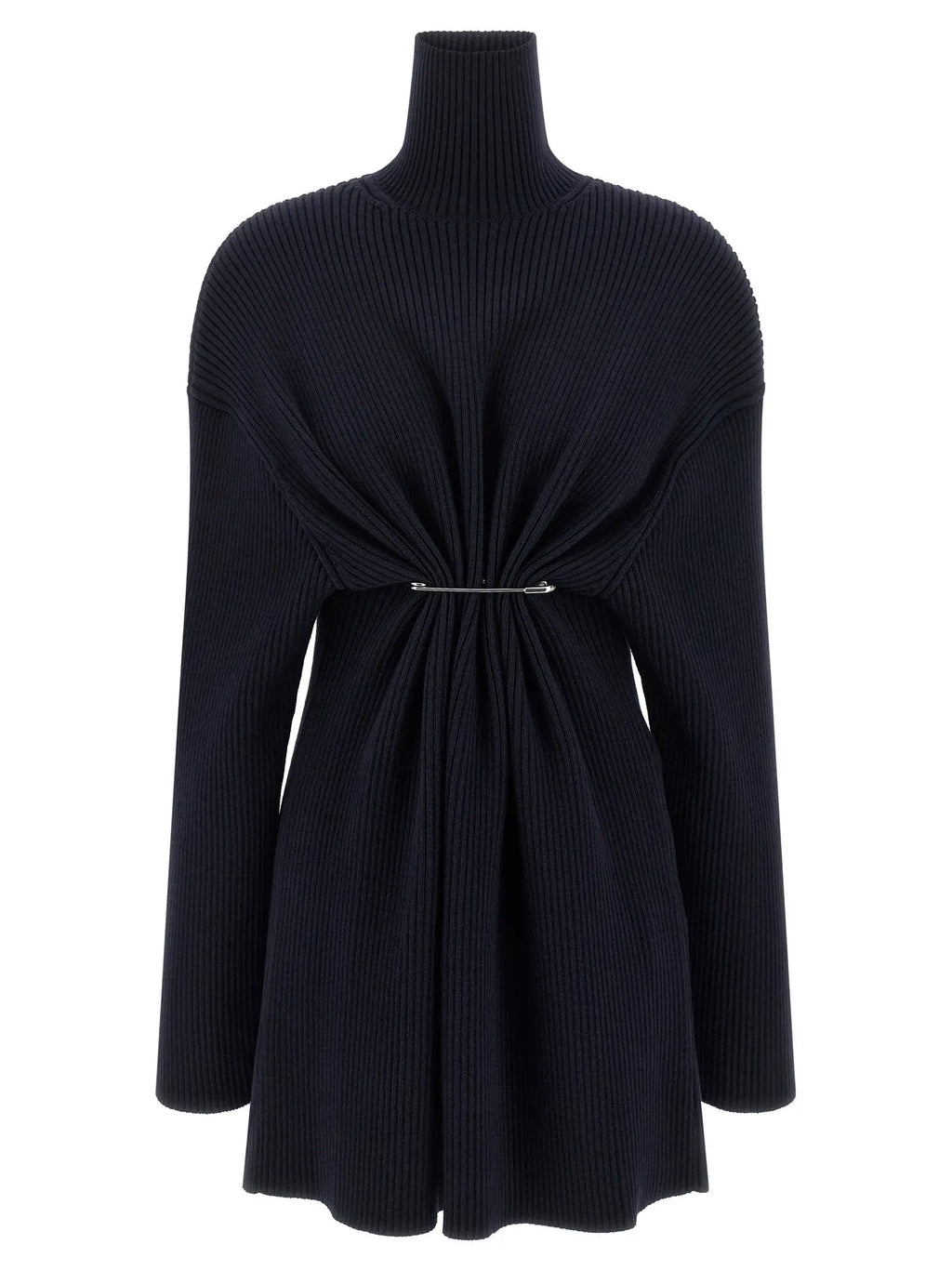 Robe courte en laine bleu balenciaga avec tordu central et épingle à nourrice argentée noire en tricot côtelé col roulé