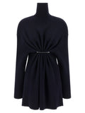 Robe courte en laine bleu balenciaga avec tordu central et épingle à nourrice argentée noire en tricot côtelé col roulé